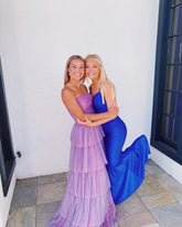 2025 Cheap Tulle Purple Ruffle tiered Prom Dresses Sheath Long Formal Evening Dresses MyChicDress